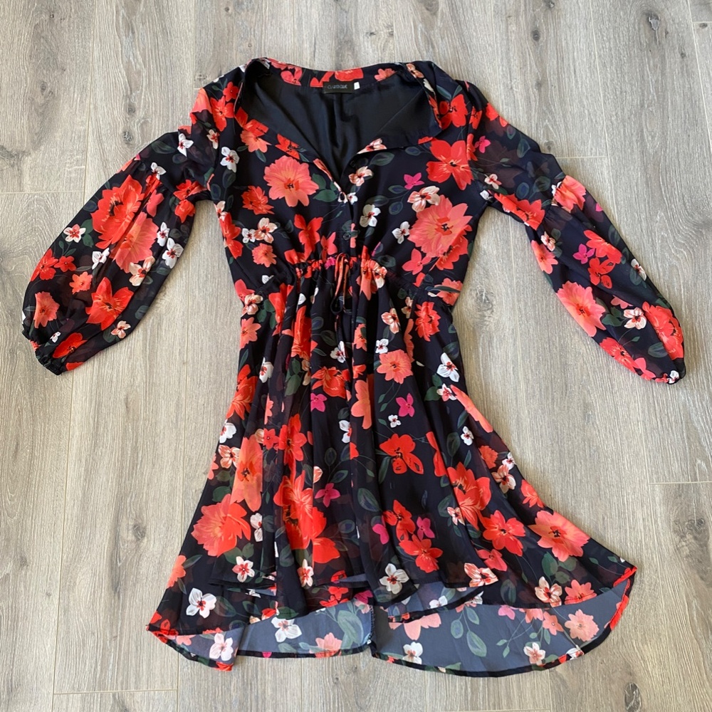 Clarisbelle Long Sleeves Button Up Tie Waist Floral Chiffon Dress, Size S